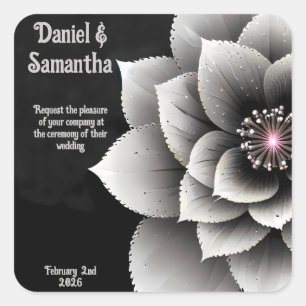 Timeless Elegance: Black & Silver Blossom Wedding  Square Sticker