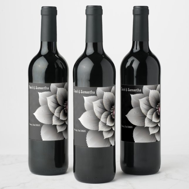 Timeless Elegance: Black & Silver Blossom Wedding  Wine Label (Bottles)