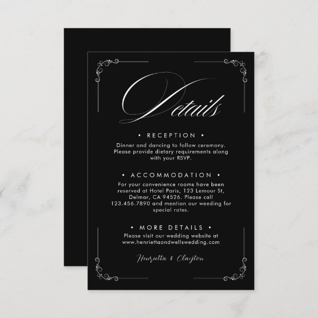 Timeless Elegance Black Wedding Details Card (Front/Back)