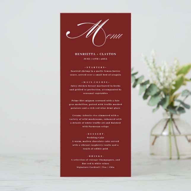 Timeless Elegance Burgundy Wedding Menu (Standing Front)