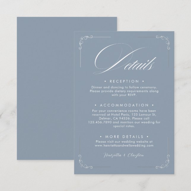 Timeless Elegance Dusty Blue Wedding Details Card (Front/Back)