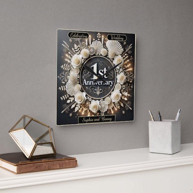 Timeless Elegance for First Anniversary Square Wall Clock (Office)