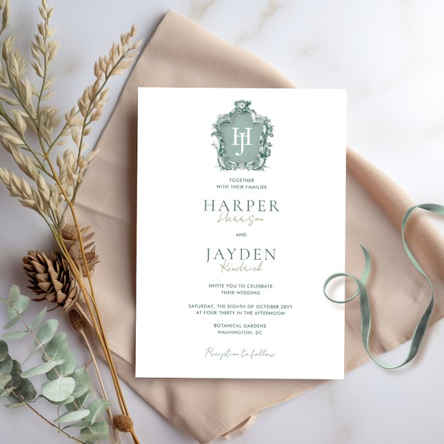 Timeless Elegance, Green Monogram Wedding Invitation (Creator Uploaded)