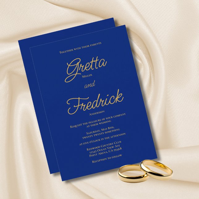 Timeless Elegance Royal Blue Gold Script Wedding Announcement (Creator Uploaded)