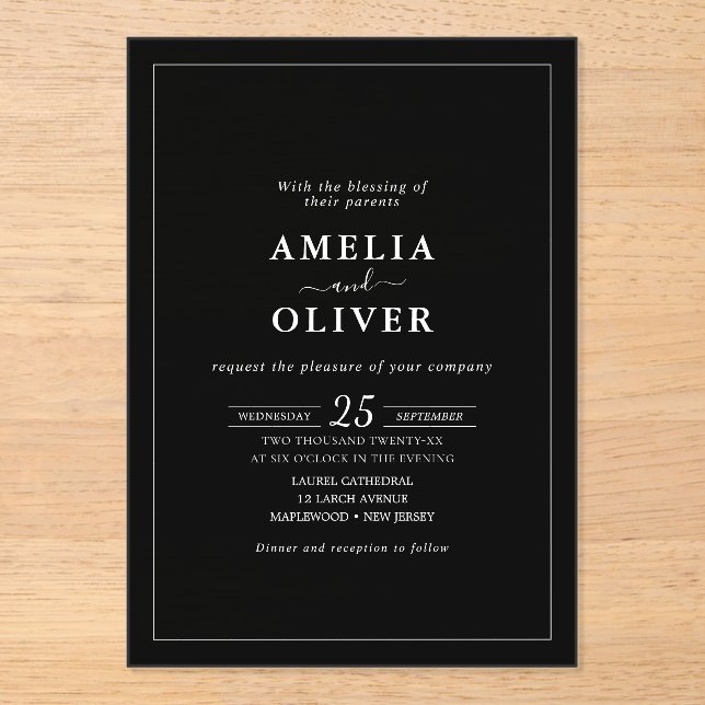 Timeless Elegant Black & White Minimalist Wedding Acrylic Invitations (Front)