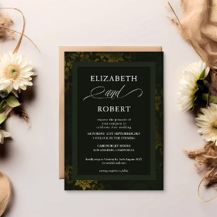 Timeless Elegant Dark Green & Gold Floral Wedding Invitation