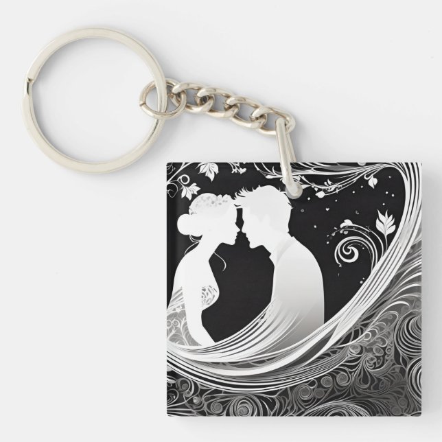 Timeless Embrace White & Black Silhouette Kiss Key Ring (Front)