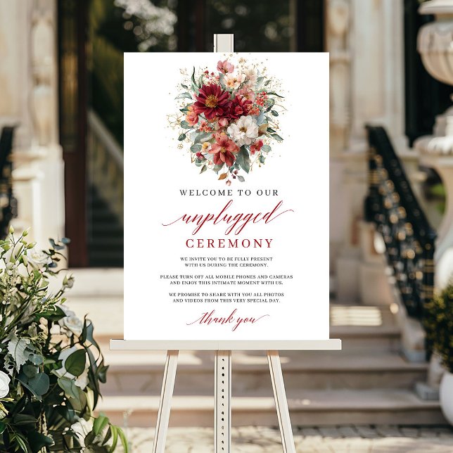Timeless Fall Maroon Floral Unplugged Ceremony  Poster (Timeless Fall Maroon Floral Unplugged Ceremony Sign

)