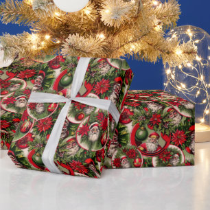 Timeless Father Christmas and Poinsettias Wrapping Paper