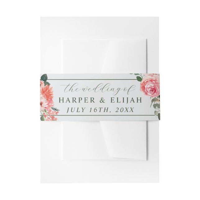 Timeless Floral Blush Red Greenery Classic Wedding Invitation Belly Band (Front Example)