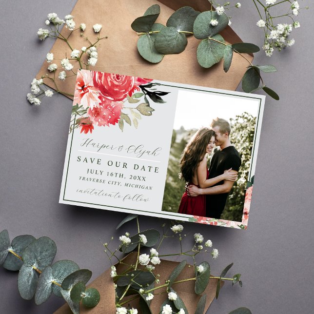 Timeless Floral Blush Red Greenery Classic Wedding Save The Date (Creator Uploaded)