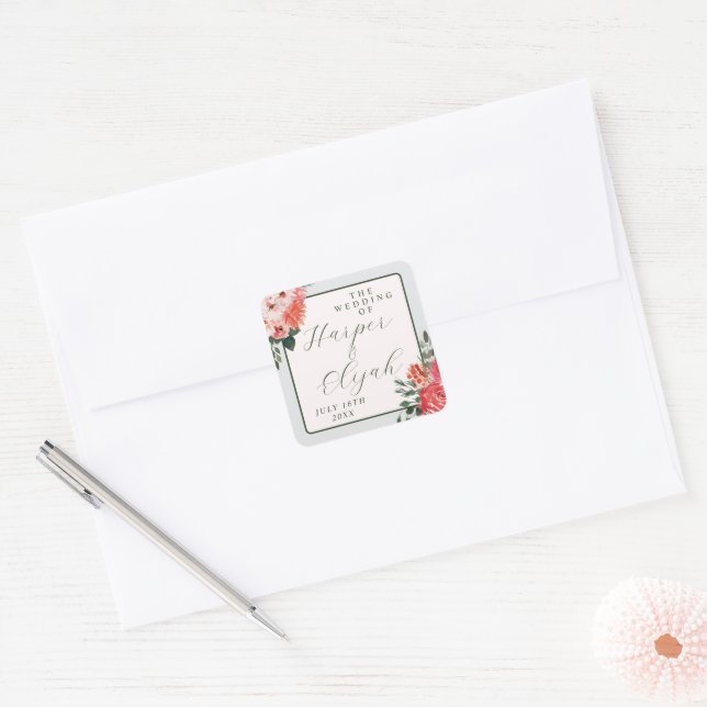 Timeless Floral Blush Red Greenery Classic Wedding Square Sticker (Envelope)