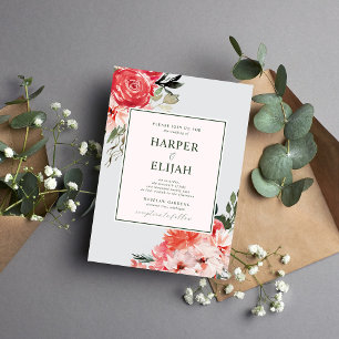 Timeless Floral Blush Red Greenery Wedding Invitation