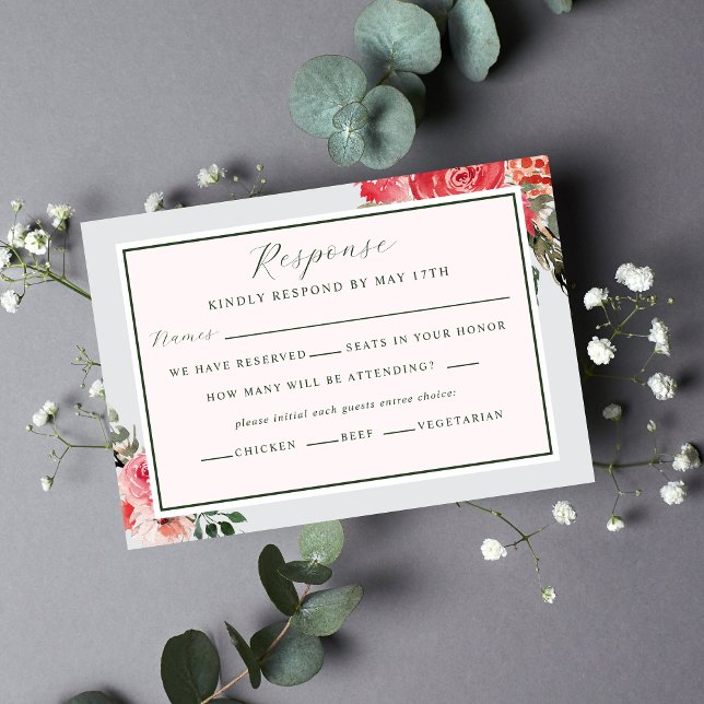 Timeless Floral Blush Red Greenery Wedding RSVP Card (Creator Uploaded)