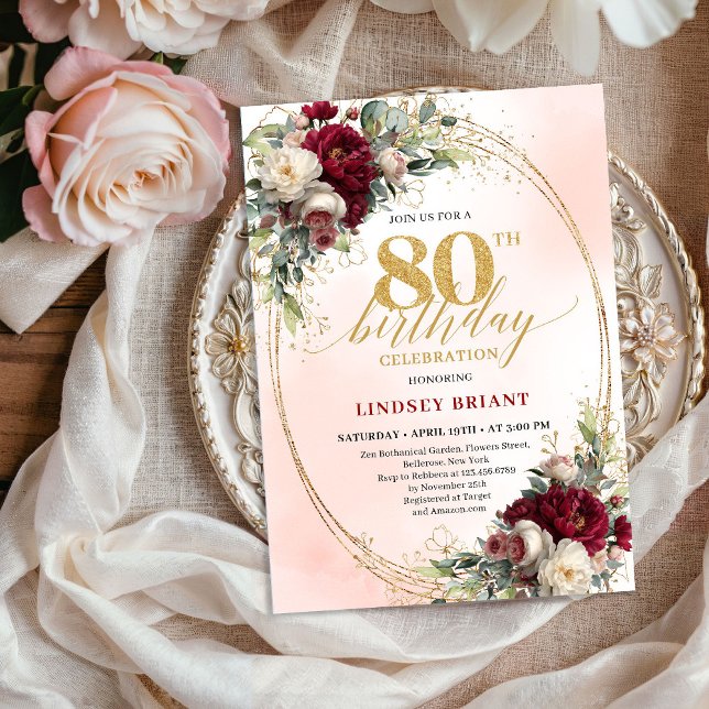 Timeless Floral Gold 80th Birthday Celebration  Invitation (Timeless Floral Gold 80th Birthday Celebration Invite)
