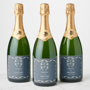 Timeless Floral Symphony in Blue wedding Sparkling Wine Label