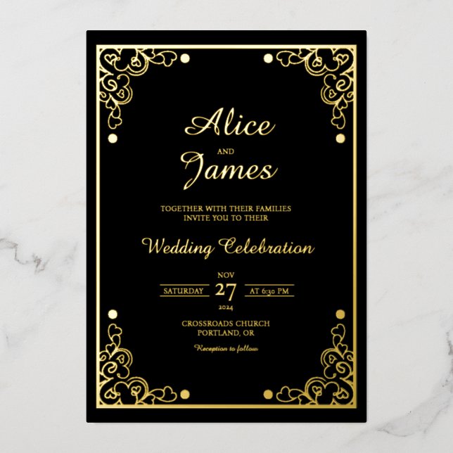 Timeless Formal Black Gold Foil Wedding Invitation (Front)