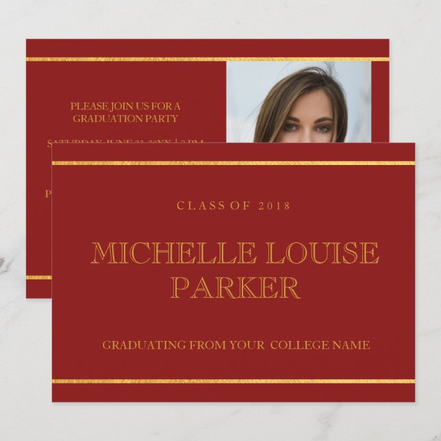 Timeless Gold Cardinal Red  Graduation Invitation (Front/Back)