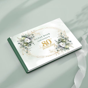 Timeless Green and White 80th Birthday Sign In Guest Book