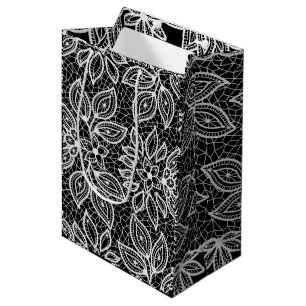Timeless Lace Look Wedding Black and White Medium Gift Bag