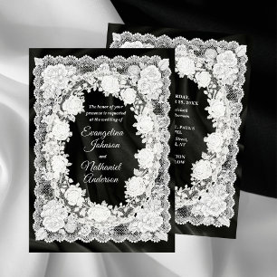 Timeless Lace Roses Black White Formal Wedding Invitation