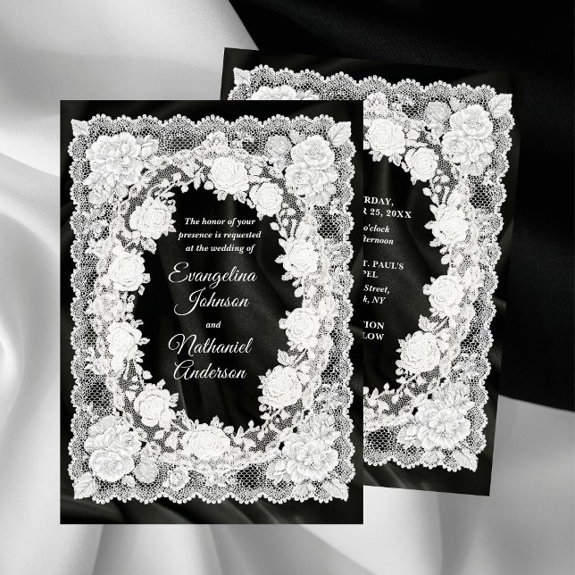 Timeless Lace Roses Black White Formal Wedding Invitation (Creator Uploaded)