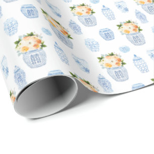 Timeless Lady Autumn Flowers Blue White And Orange Wrapping Paper