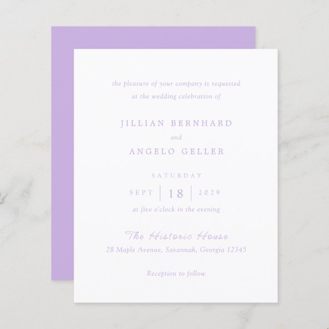 Timeless Lilac Classic Budget Wedding Invitation (Front/Back)