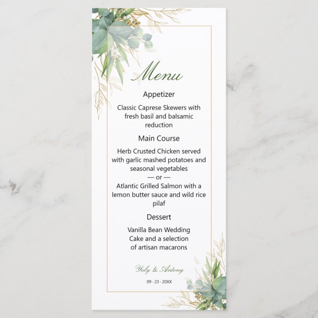 Timeless Love Botanical Greenery Wedding  Menu (Front)