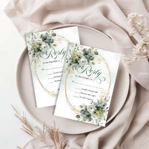 Timeless Love Greenery and Gold Botanical Wedding RSVP Card