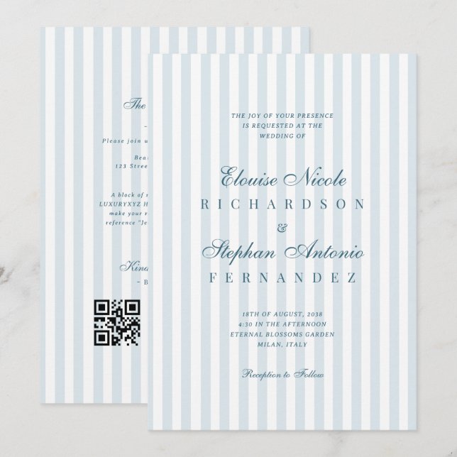 Timeless Luxe Script Blue Stripes Wedding Invitation (Front/Back)