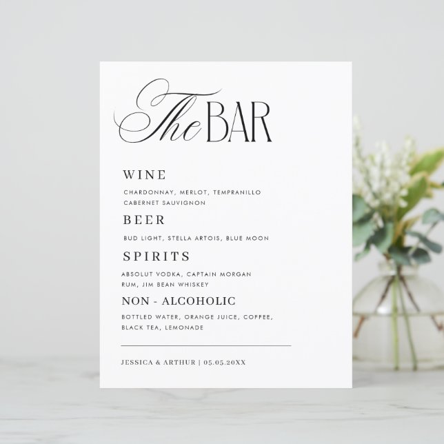 Timeless Luxe Script Classy Wedding Bar Drink Menu (Standing Front)