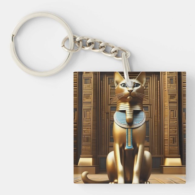 Timeless Majesty: The Golden Egyptian Pharaoh Cat Key Ring (Front)