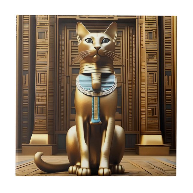 Timeless Majesty: The Golden Egyptian Pharaoh Cat Tile (Front)