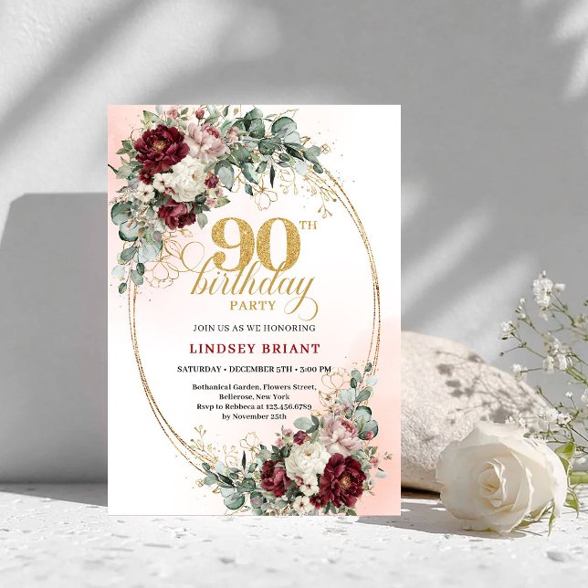Timeless Maroon Floral Eucalyptus 90th Birthday  Invitation (Timeless Maroon Floral Eucalyptus 90th Birthday Invite)