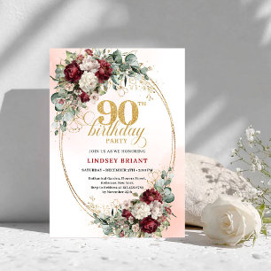 Timeless Maroon Peonies Eucalyptus 90th Birthday Invitation