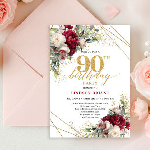 Timeless Marsala Floral Gold 90th Birthday Invite