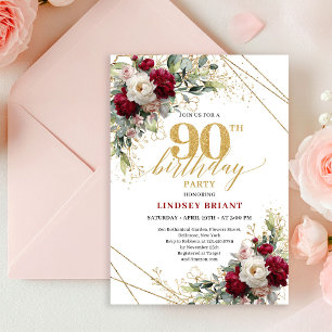 Timeless Merlot Floral Gold 90th Birthday Invite