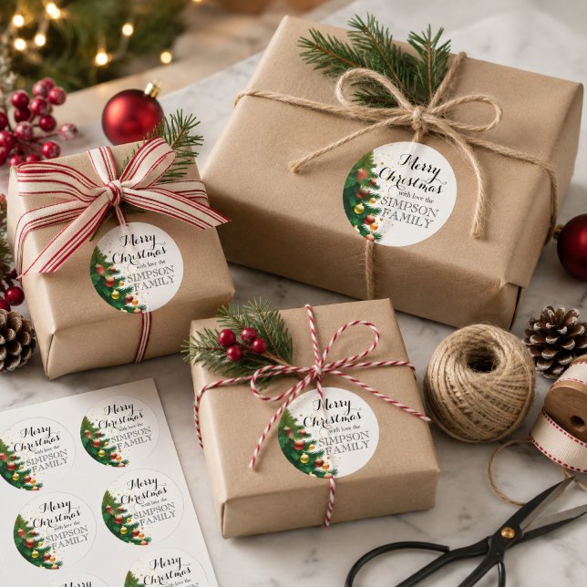 Timeless Merry Christmas Traditional Tree Classic Round Sticker (Creator Uploaded)