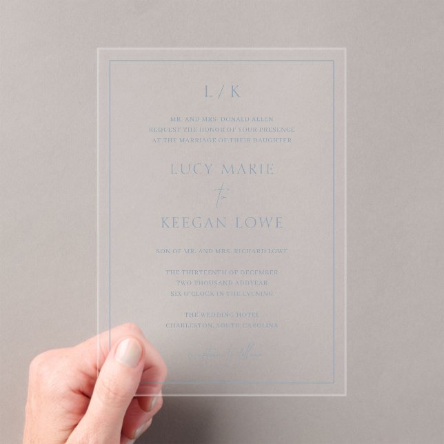Timeless Monogram Dusty Blue Elegant Wedding Acrylic Invitations (Insitu (Handheld))