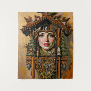 “Timeless Muse” – A Cuckoo Clock Portrait  Tapestry