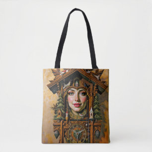 “Timeless Muse” – A Cuckoo Clock Portrait Tote Bag