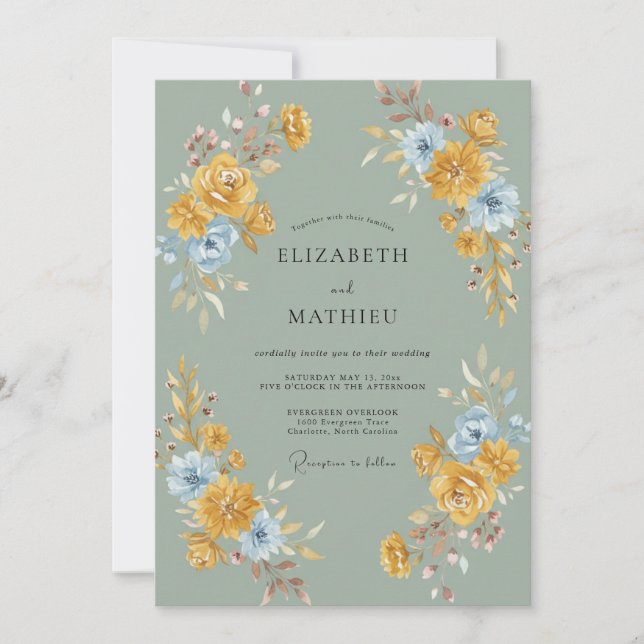 Timeless Mustard Cornflower Peony Wedding Invitation (Front)
