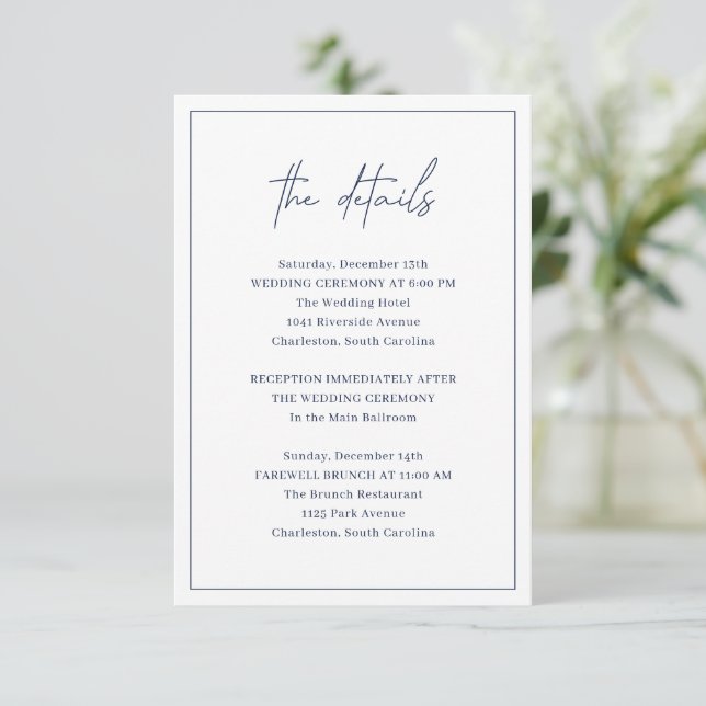 Timeless Navy Blue Elegant Wedding Enclosure Card (Standing Front)