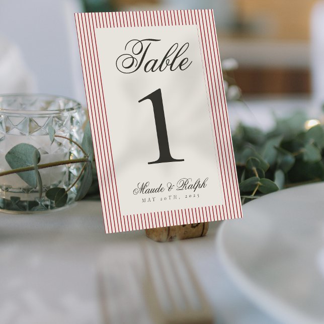 Timeless Old Money Red Stripe Wedding Table Number (Guide guests to their seats using these Timeless Old Money Thin Stripe Wedding Table Numbers! )