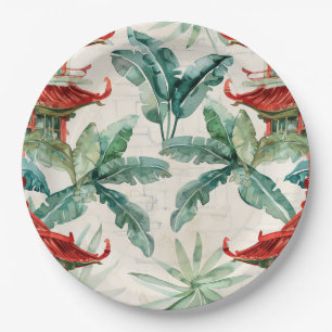 Timeless Pagoda Woodland Coral Botanical Paper Plate