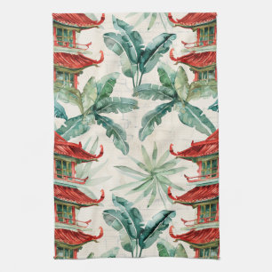 Timeless Pagoda Woodland Coral Botanical Tea Towel