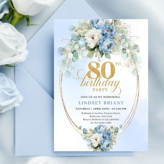 Timeless Pastel Blue Peonies Greenery 80 Birthday Invitation (Timeless Pastel Blue Peonies Greenery 80th Birthday Invite)