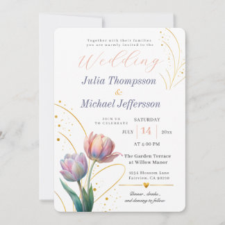 Timeless Pastel Tulip Gold Blush Lavender Wedding Invitation