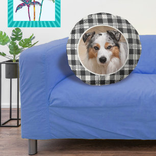 Timeless Pet Photo Dark Grey Buffalo Plaid Art Round Cushion